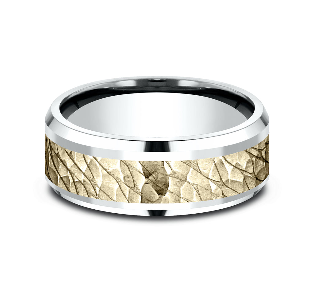 THE BERING 8mm, Comfort fit, 14K White and Yellow Gold, Pebble pattern with hammered finish, polished bevel edges