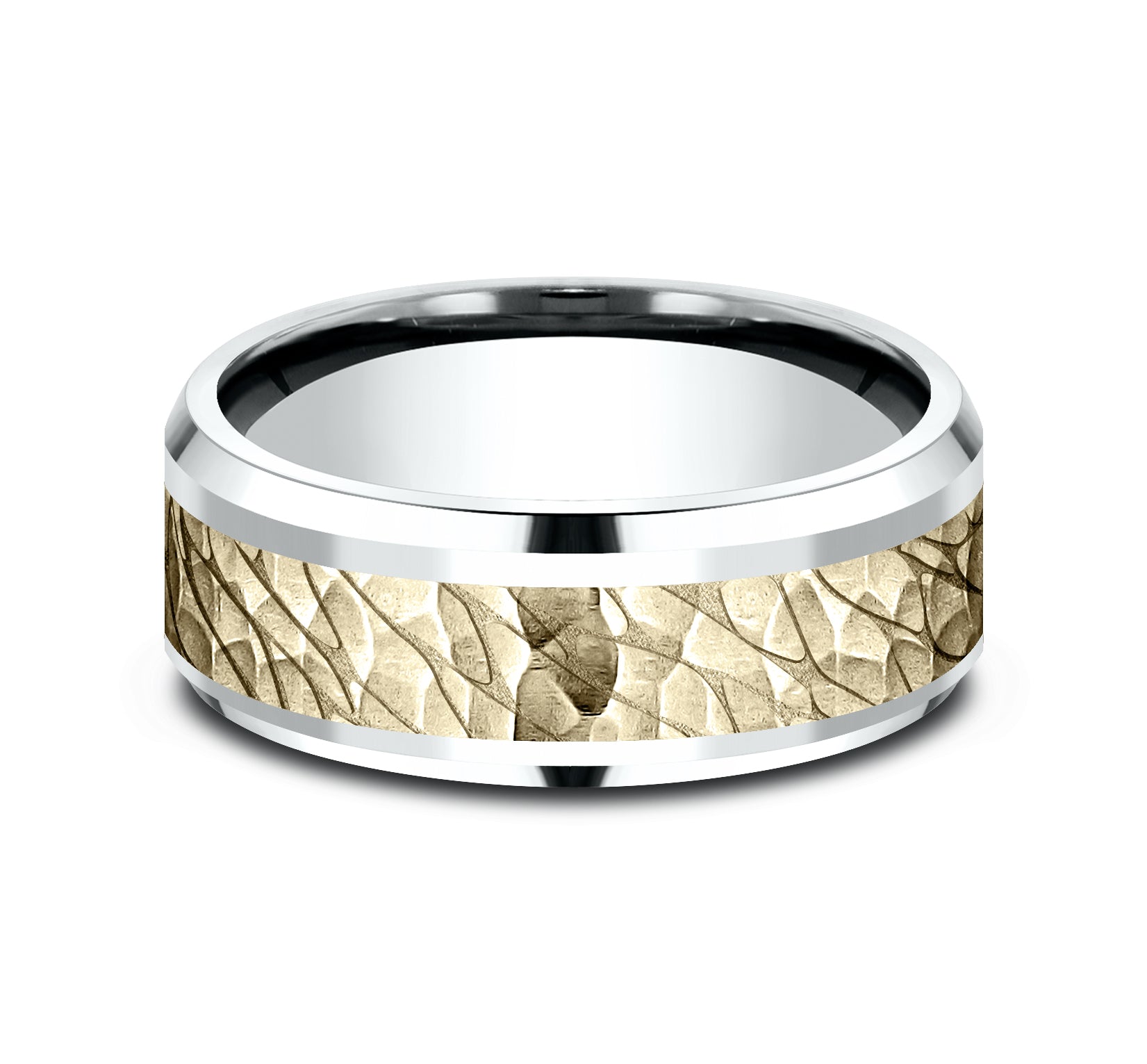 THE BERING 8mm, Comfort fit, 14K White and Yellow Gold, Pebble pattern with hammered finish, polished bevel edges