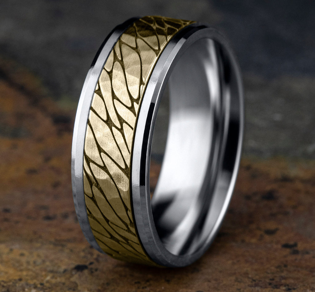 THE BERING 8mm, Comfort fit, 14K White and Yellow Gold, Pebble pattern with hammered finish, polished bevel edges