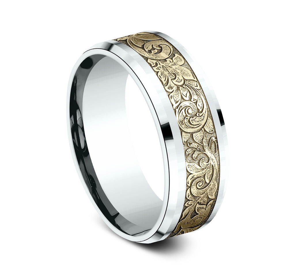 THE AMBASSADOR 8mm, Comfort fit, 14K White and Yellow Gold, London script patterned center, polished bevel edges