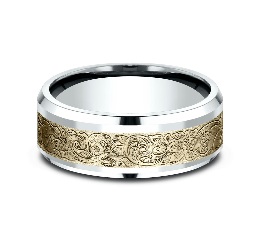 THE AMBASSADOR 8mm, Comfort fit, 14K White and Yellow Gold, London script patterned center, polished bevel edges