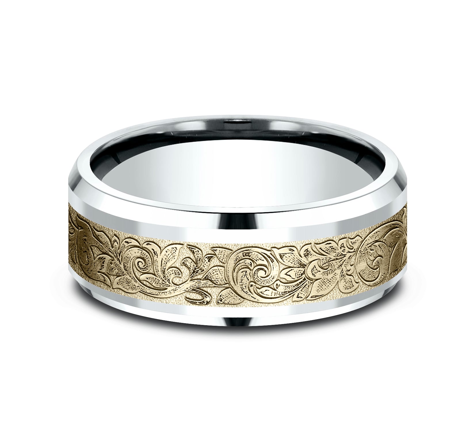 THE AMBASSADOR 8mm, Comfort fit, 14K White and Yellow Gold, London script patterned center, polished bevel edges
