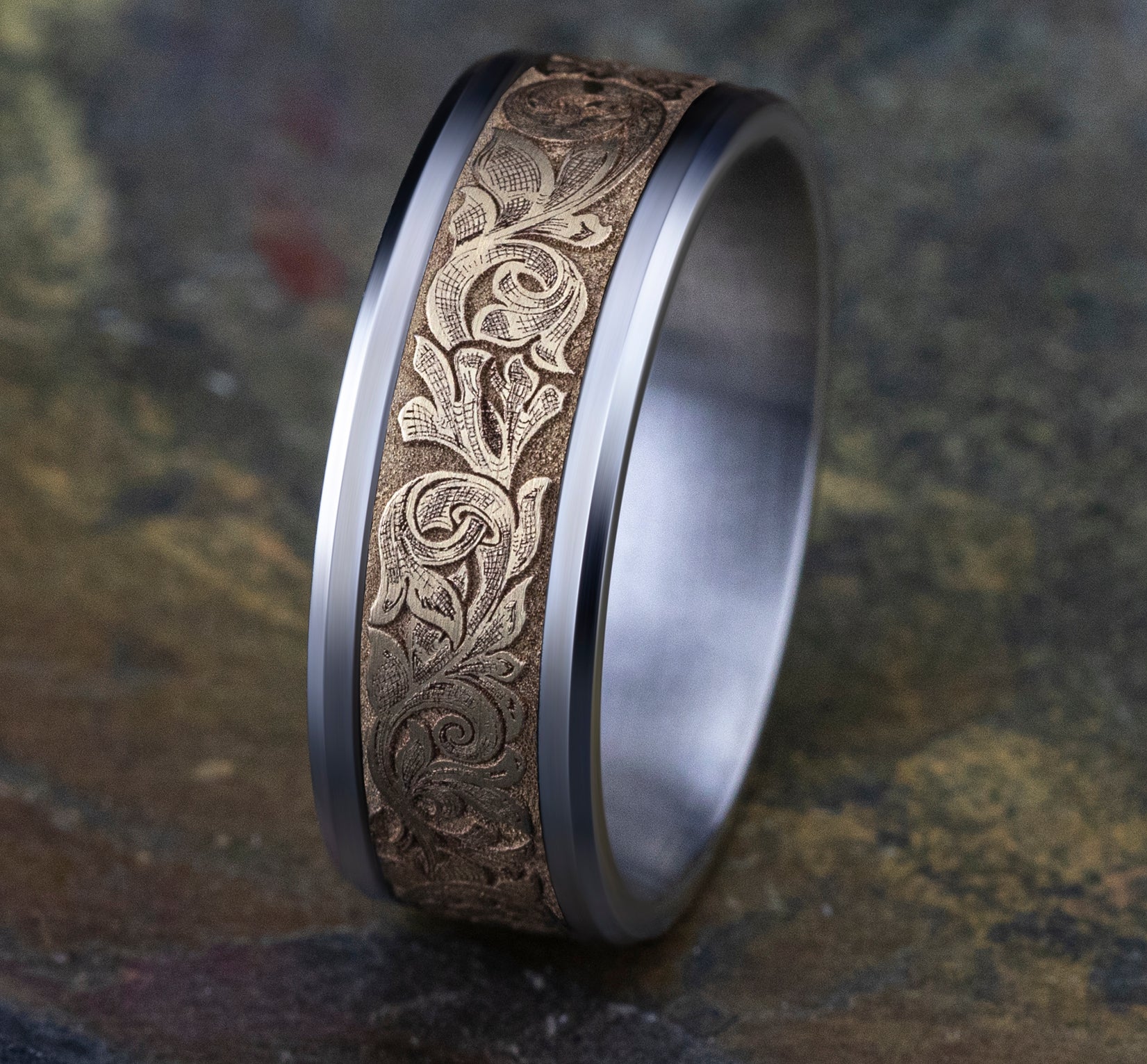 THE AMBASSADOR 8mm, Comfort fit, 14K White and Yellow Gold, London script patterned center, polished bevel edges