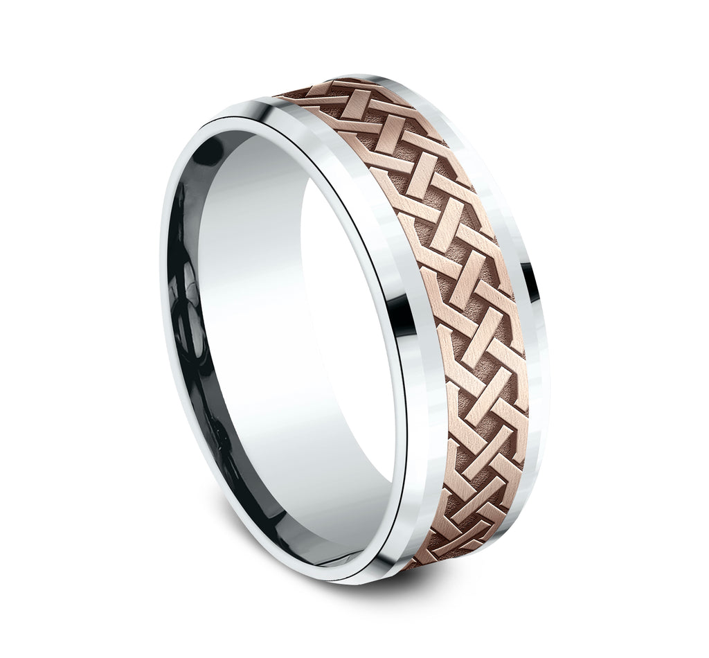 THE ADARE 8mm, Comfort fit, 14K White and Rose Gold, Celtic knot patterned center, bevel edges
