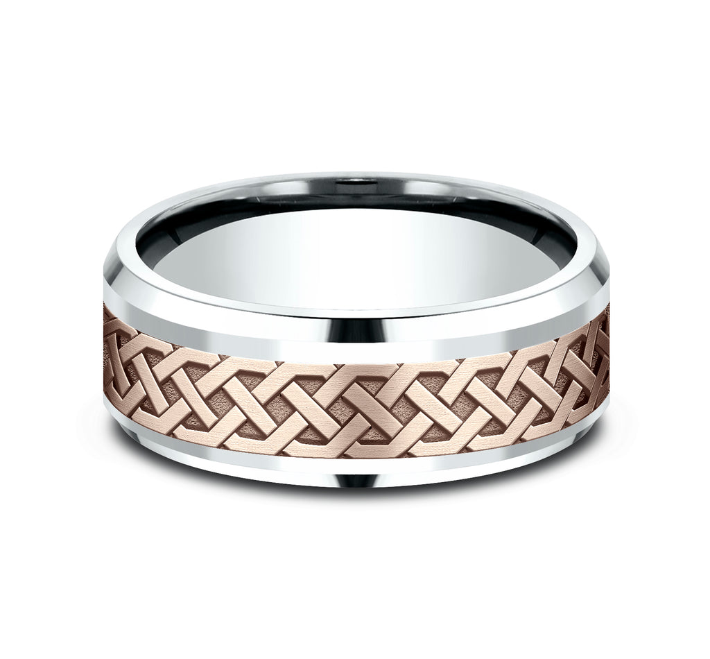 THE ADARE 8mm, Comfort fit, 14K White and Rose Gold, Celtic knot patterned center, bevel edges