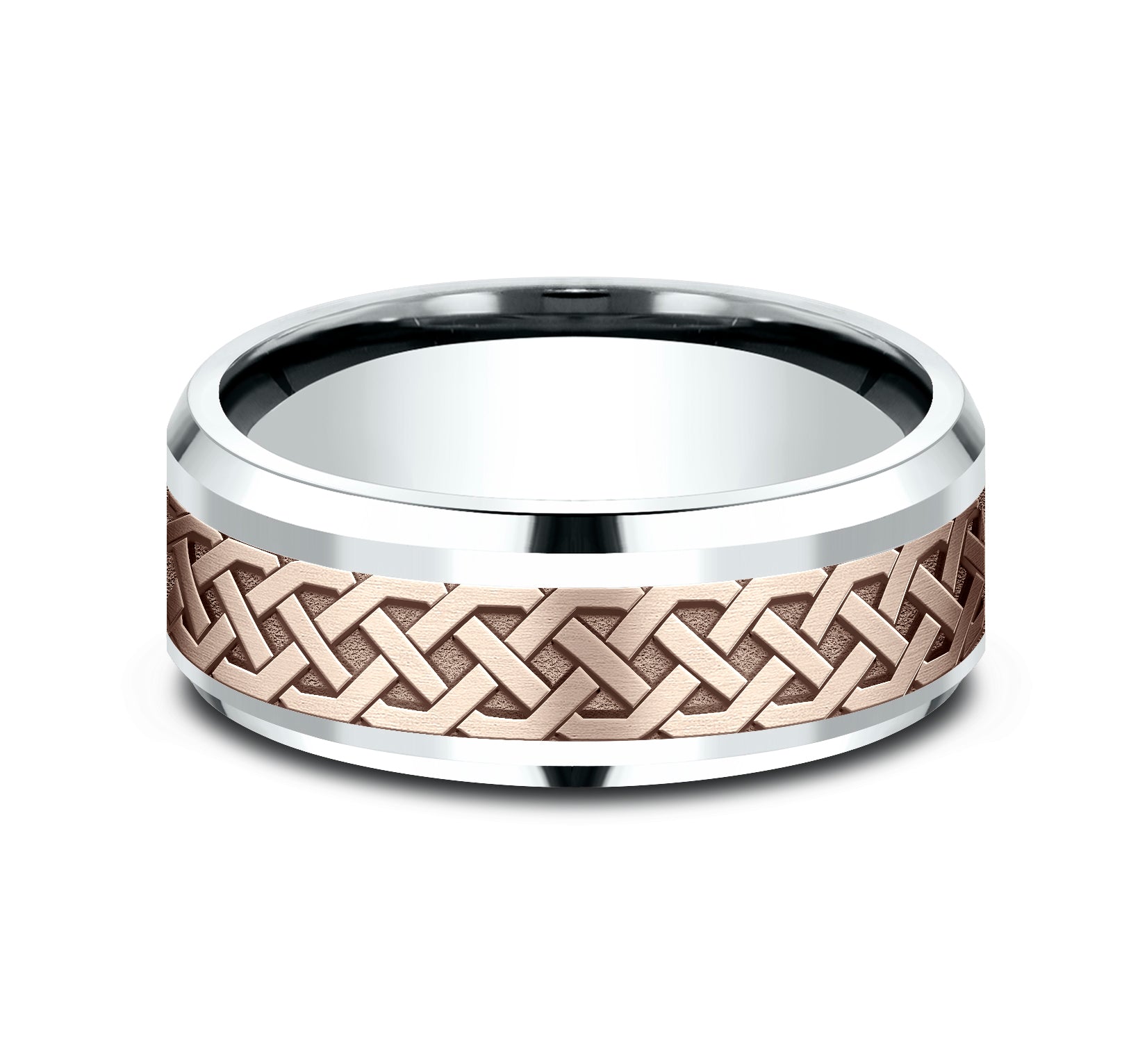THE ADARE 8mm, Comfort fit, 14K White and Rose Gold, Celtic knot patterned center, bevel edges