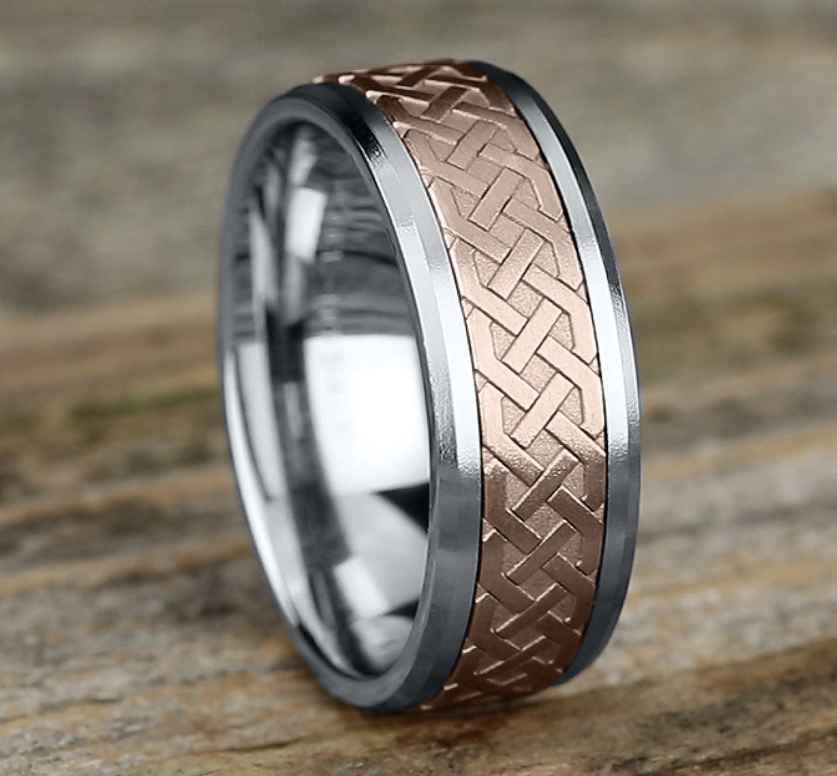 THE ADARE 8mm, Comfort fit, 14K White and Rose Gold, Celtic knot patterned center, bevel edges
