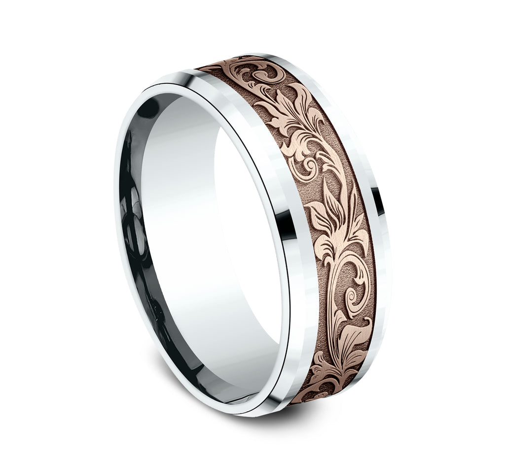 THE ROYAL 8mm, Comfort fit, 14K White and Rose Gold, Vintage script pattern, polished drop bevel edges