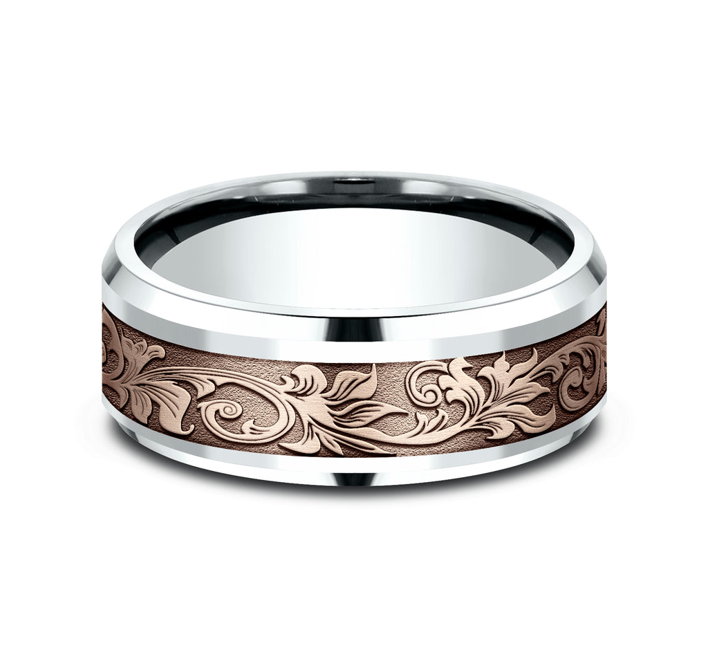 THE ROYAL 8mm, Comfort fit, 14K White and Rose Gold, Vintage script pattern, polished drop bevel edges