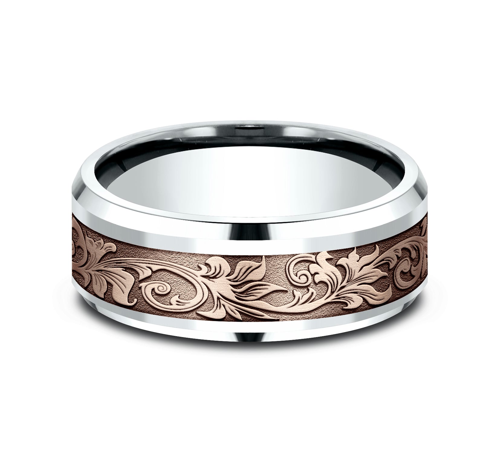 THE ROYAL 8mm, Comfort fit, 14K White and Rose Gold, Vintage script pattern, polished drop bevel edges