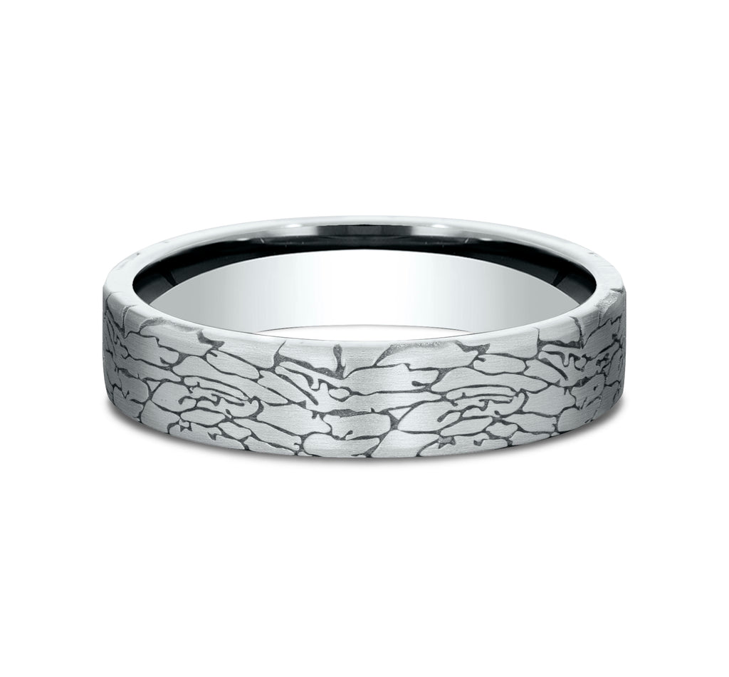 THE AVALON 5mm, Comfort fit, 14K White Gold, Fractured rock pattern