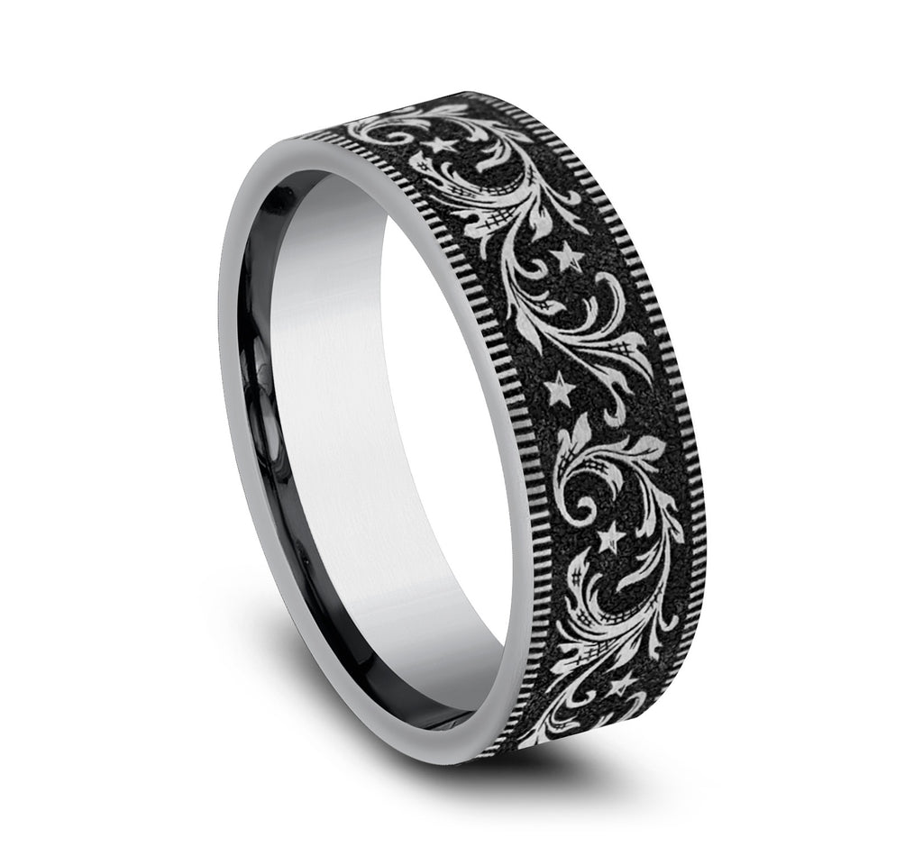 THE SPUR 7mm, Comfort fit, Tungsten, Barrel script pattern, thin edges