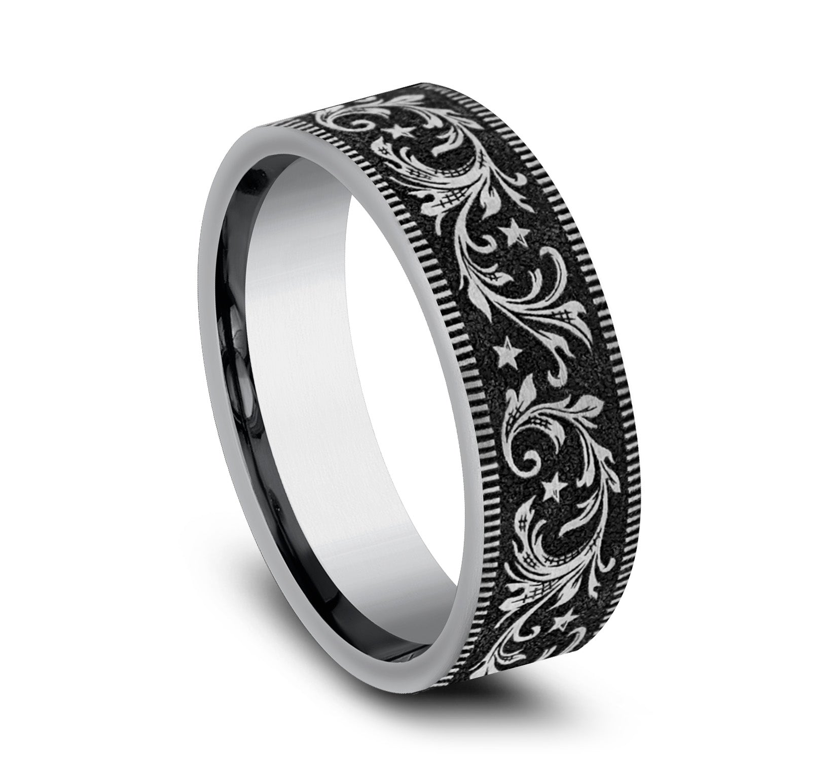 THE SPUR 7mm, Comfort fit, Tungsten, Barrel script pattern, thin edges
