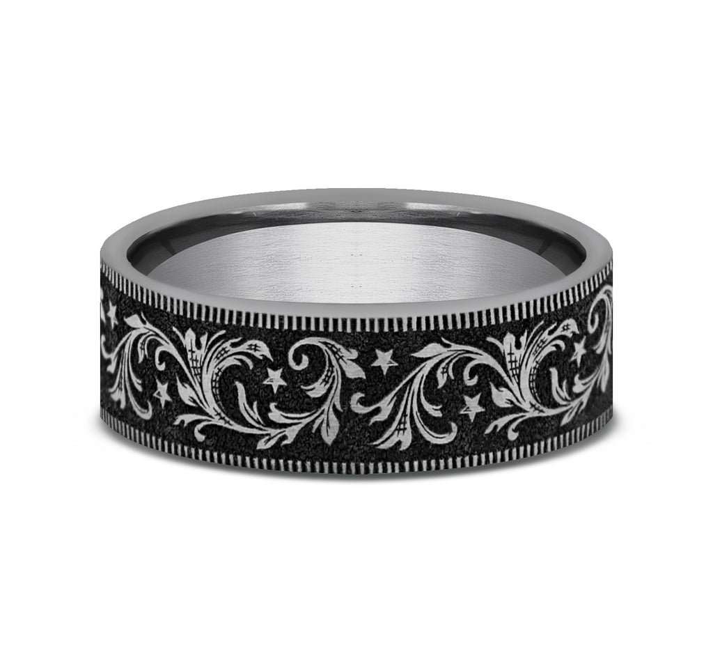 THE SPUR 7mm, Comfort fit, Tungsten, Barrel script pattern, thin edges