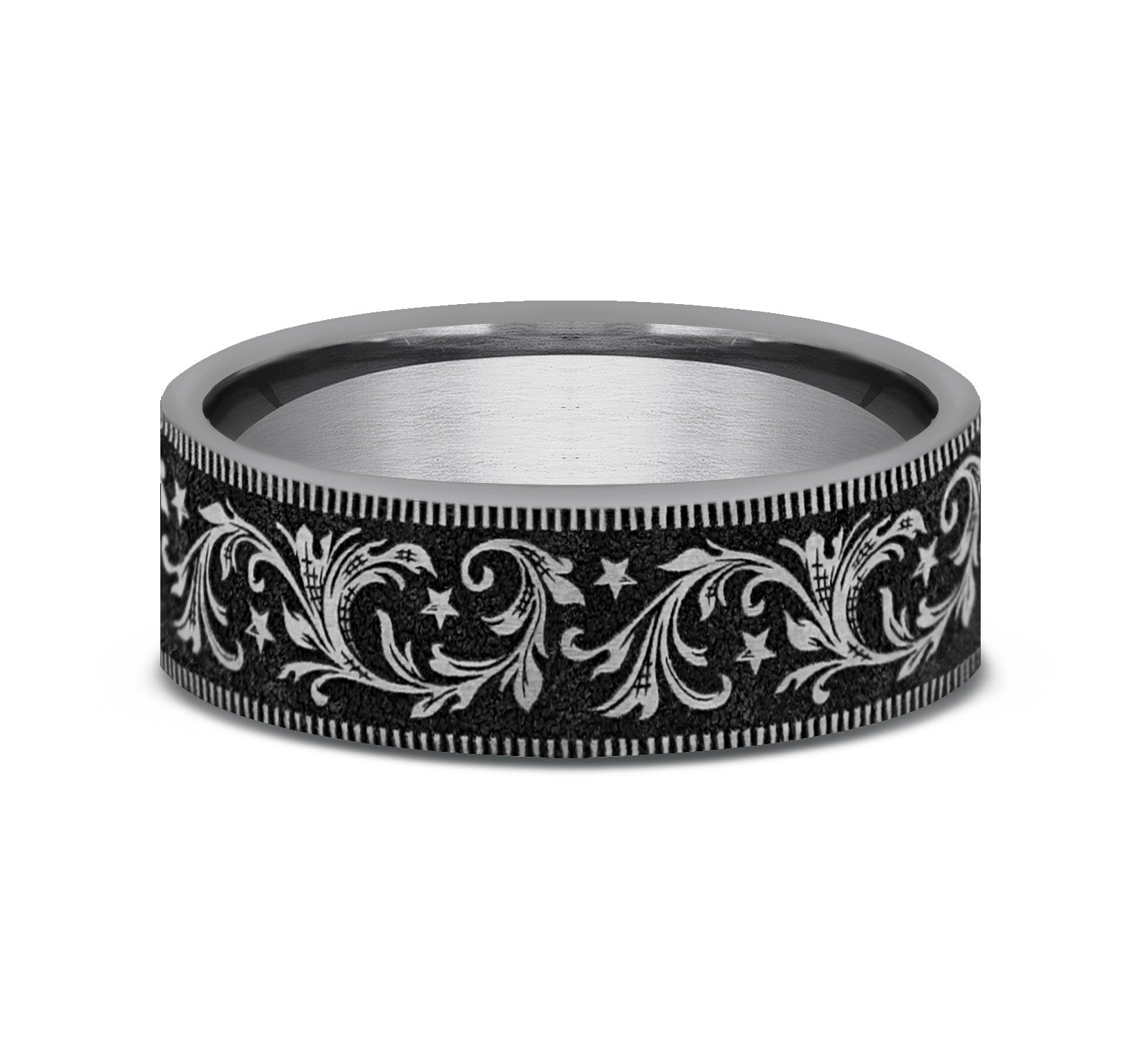 THE SPUR 7mm, Comfort fit, Tungsten, Barrel script pattern, thin edges