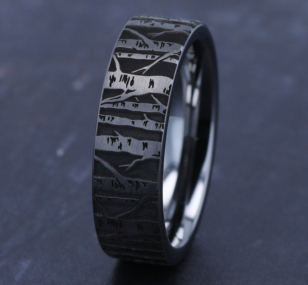 THE BIRCH 7mm, Comfort fit, Tungsten, Birch tree pattern