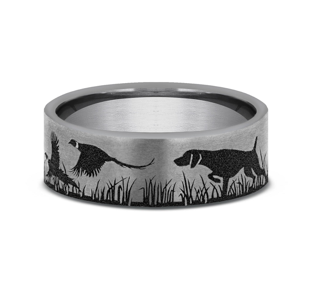 THE POINTER 7mm, Comfort fit, Tungsten, Pointer and pheasant scenic design