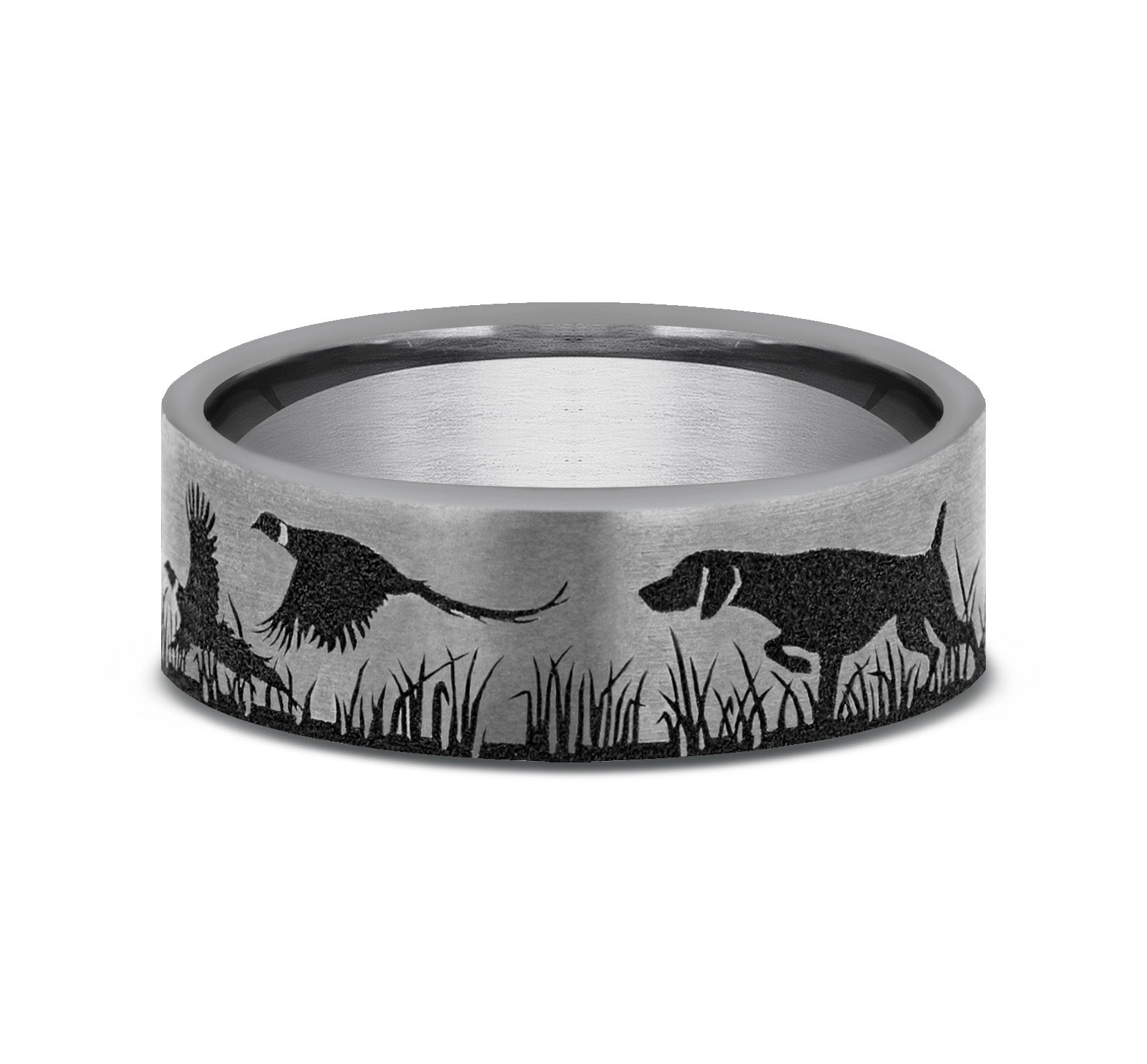 THE POINTER 7mm, Comfort fit, Tungsten, Pointer and pheasant scenic design