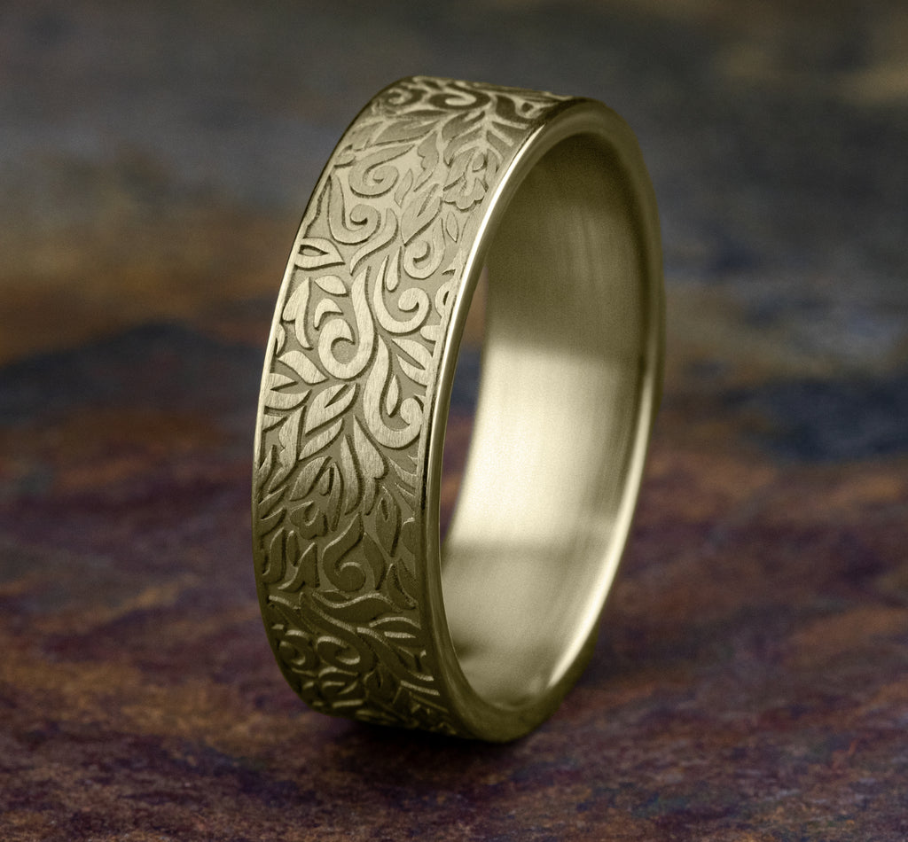 THE RANCH 7mm, Comfort fit, 14K Yellow Gold, Paisley pattern