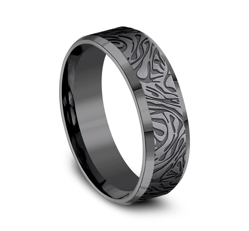 THE KATANA 7mm, Comfort fit, Darkened Tantalum, Faux mokume pattern,Â polished slightly beveled edges
