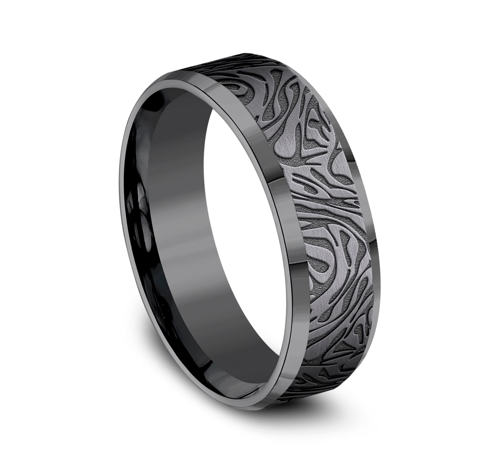 THE KATANA 7mm, Comfort fit, Darkened Tantalum, Faux mokume pattern,Â polished slightly beveled edges