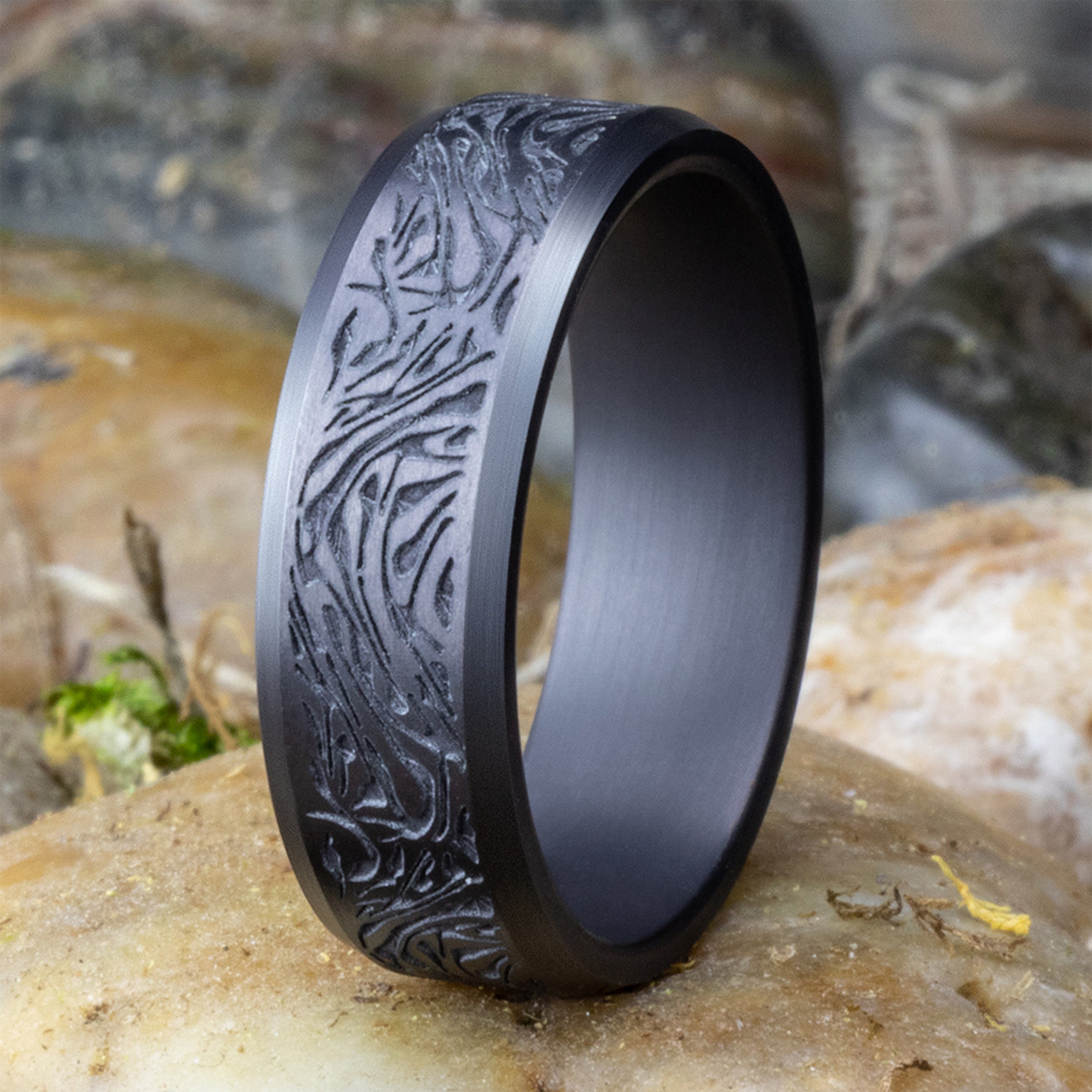 THE KATANA 7mm, Comfort fit, Darkened Tantalum, Faux mokume pattern,Â polished slightly beveled edges