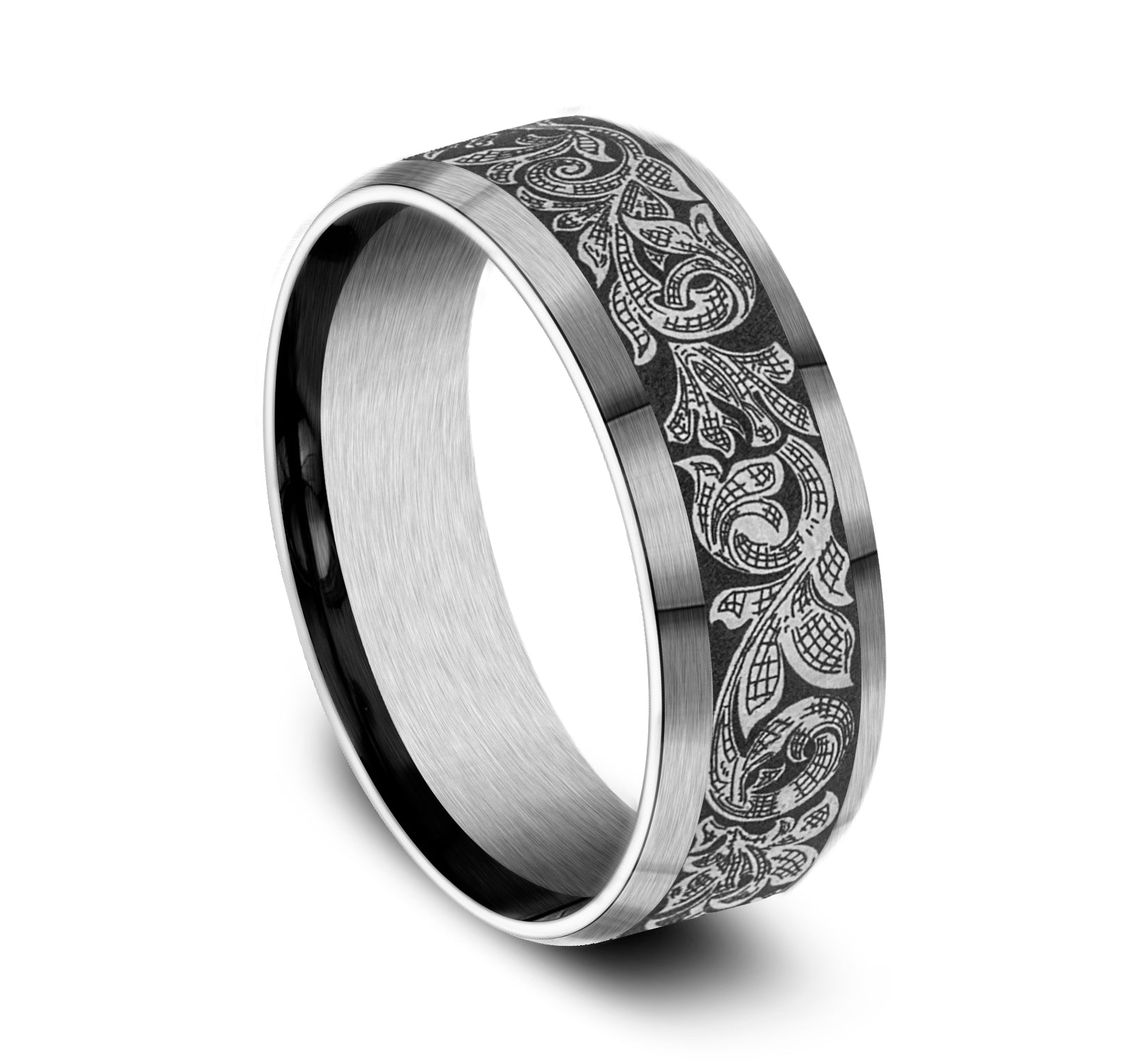 THE AMBASSADOR 7.5mm, Comfort fit, Grey Tantalum, London script patterned center, satin bevel edges