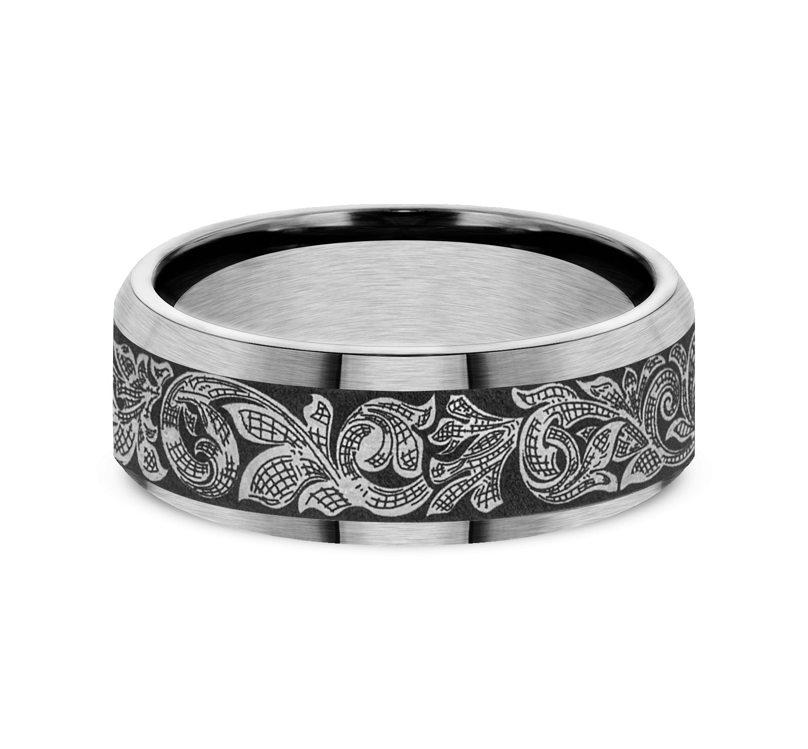THE AMBASSADOR 7.5mm, Comfort fit, Grey Tantalum, London script patterned center, satin bevel edges