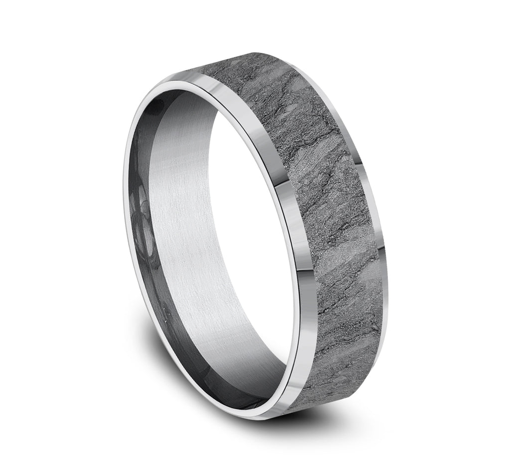 THE VESUVIUS 7mm, Comfort fit, Grey Tantalum, Lava rock textured center, polished slightly beveled edges