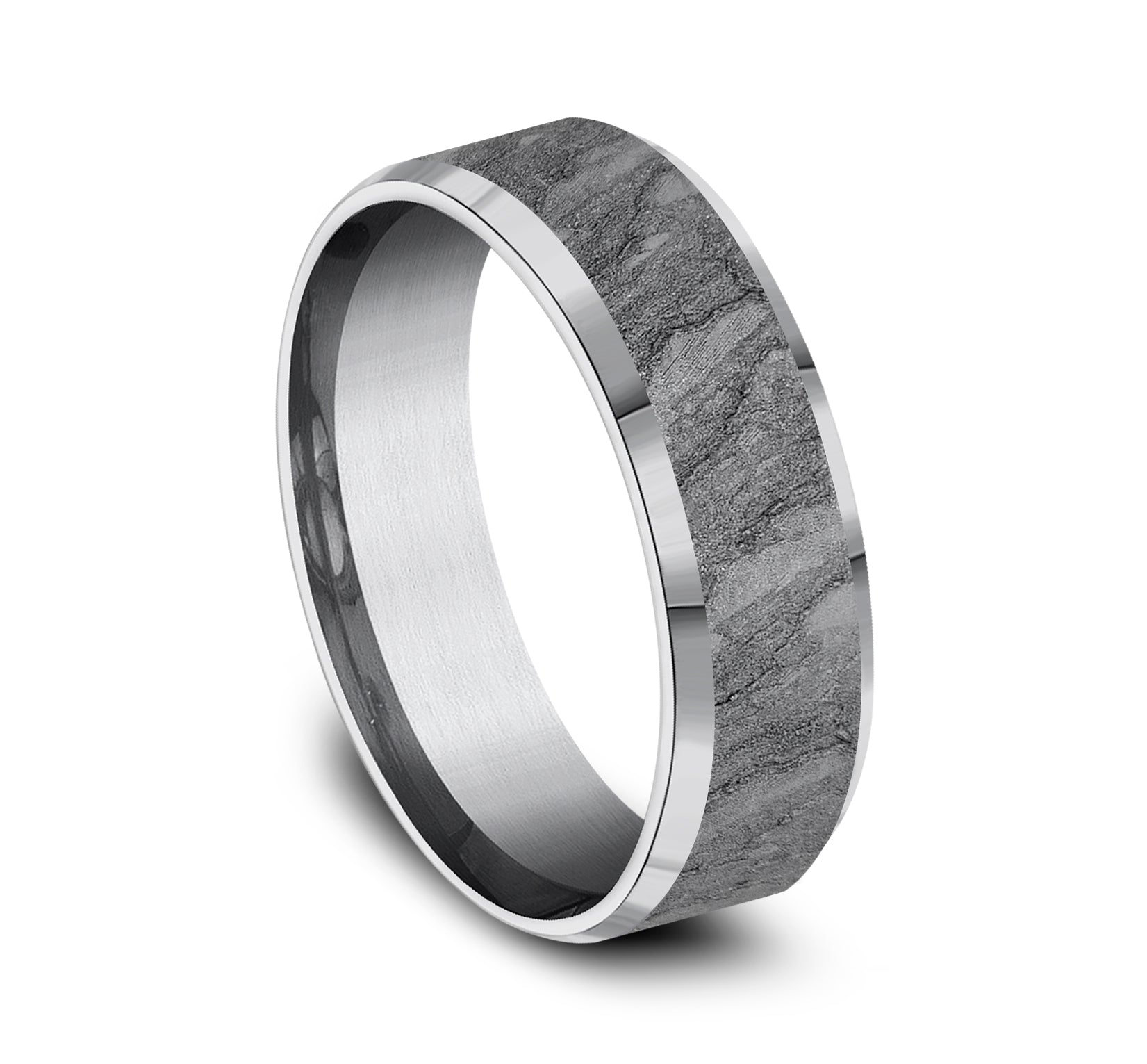 THE VESUVIUS 7mm, Comfort fit, Grey Tantalum, Lava rock textured center, polished slightly beveled edges