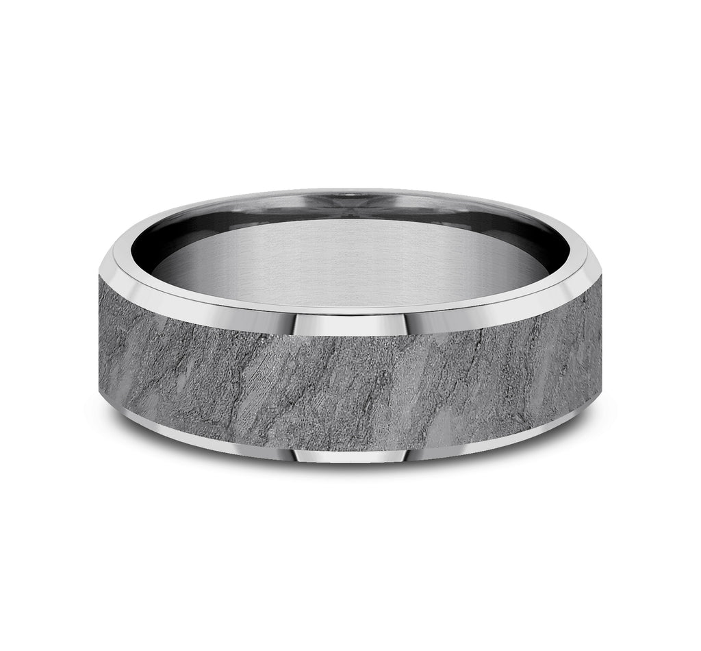 THE VESUVIUS 7mm, Comfort fit, Grey Tantalum, Lava rock textured center, polished slightly beveled edges