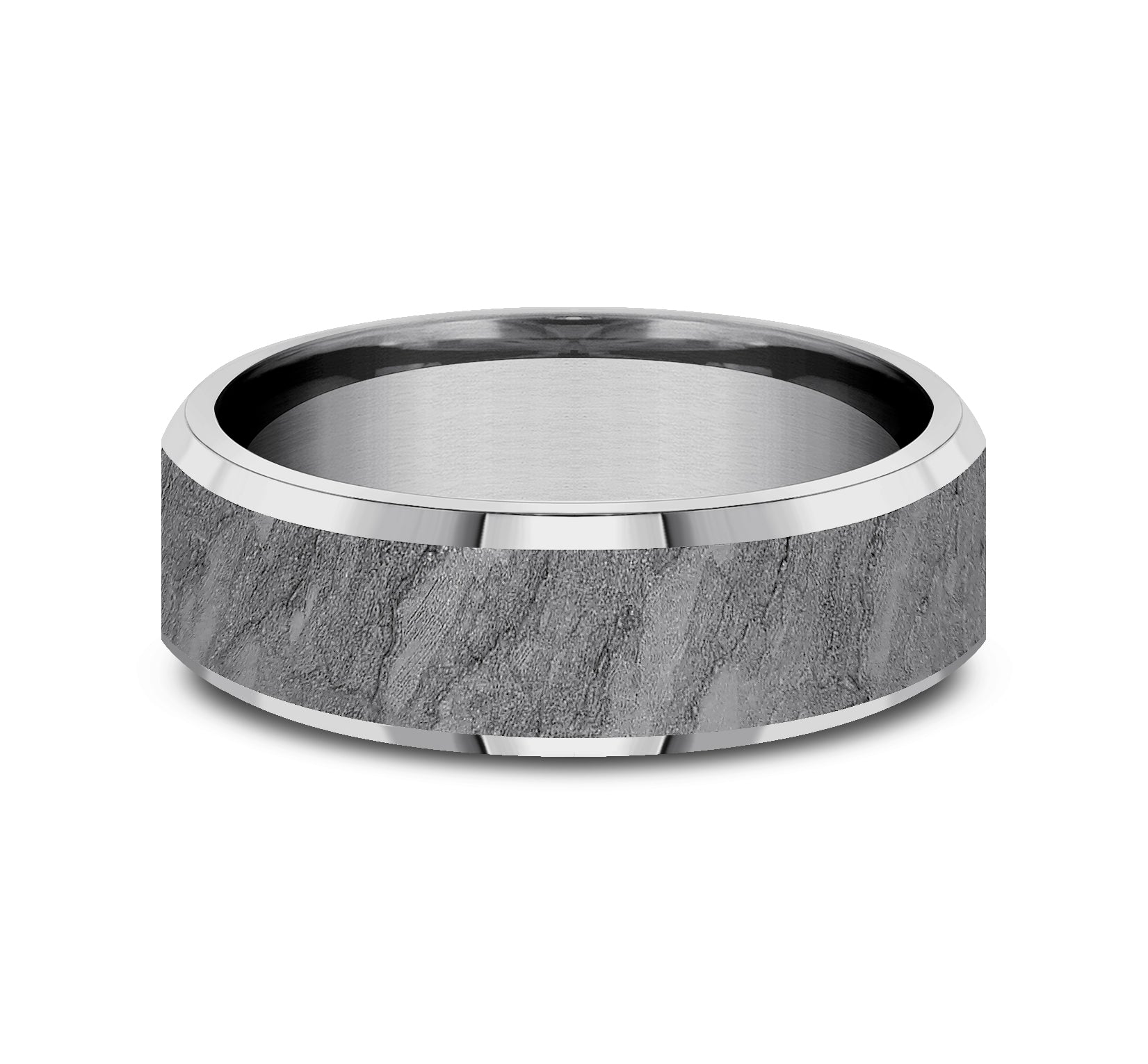 THE VESUVIUS 7mm, Comfort fit, Grey Tantalum, Lava rock textured center, polished slightly beveled edges