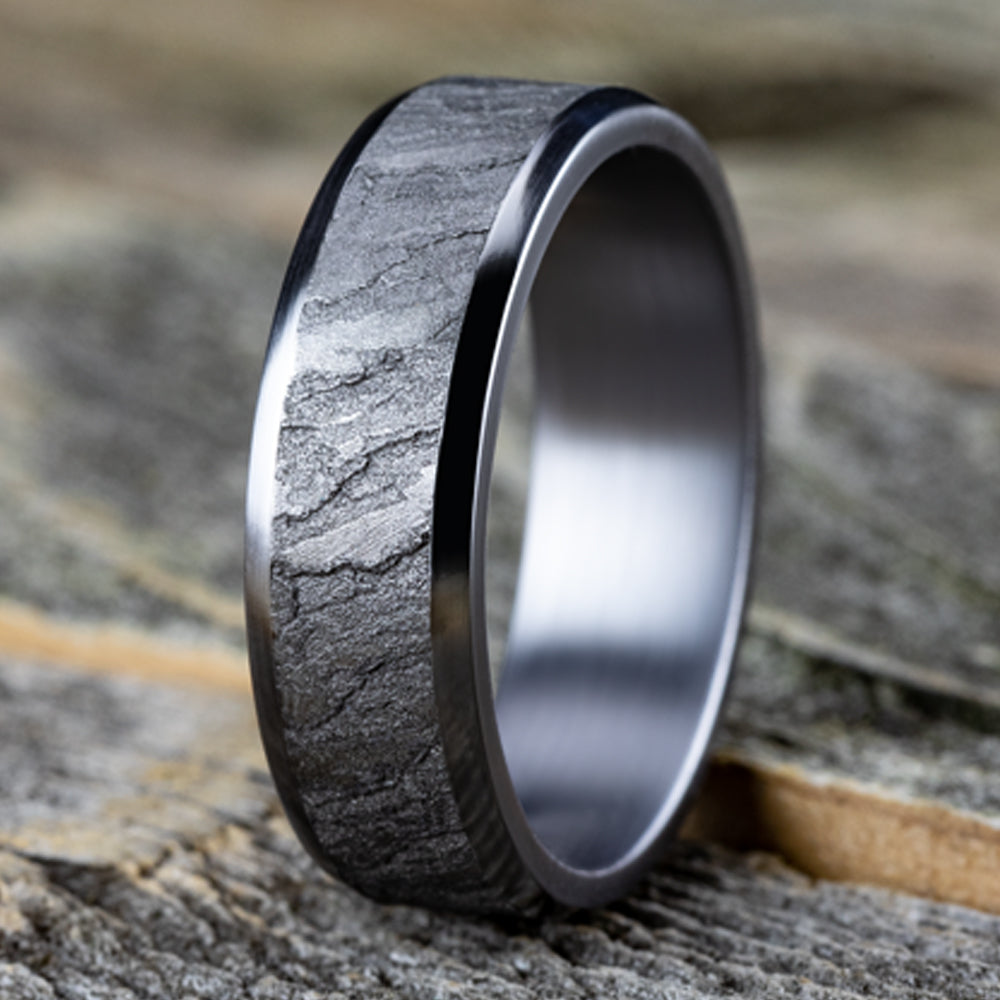 THE VESUVIUS 7mm, Comfort fit, Grey Tantalum, Lava rock textured center, polished slightly beveled edges