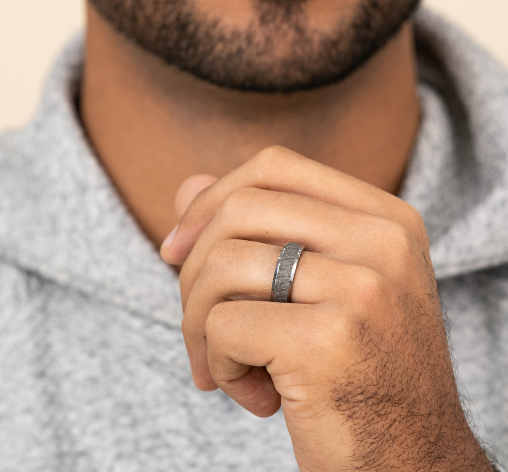 THE VESUVIUS 7mm, Comfort fit, Grey Tantalum, Lava rock textured center, polished slightly beveled edges
