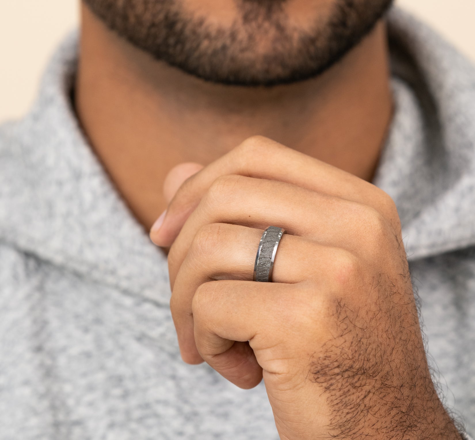 THE VESUVIUS 7mm, Comfort fit, Grey Tantalum, Lava rock textured center, polished slightly beveled edges