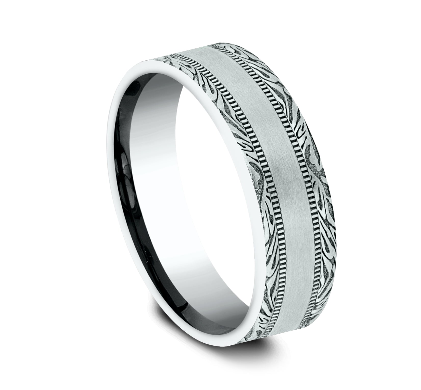 THE EDGE 7mm, Comfort fit, 14K White Gold, Satin center, mokume patterned edges