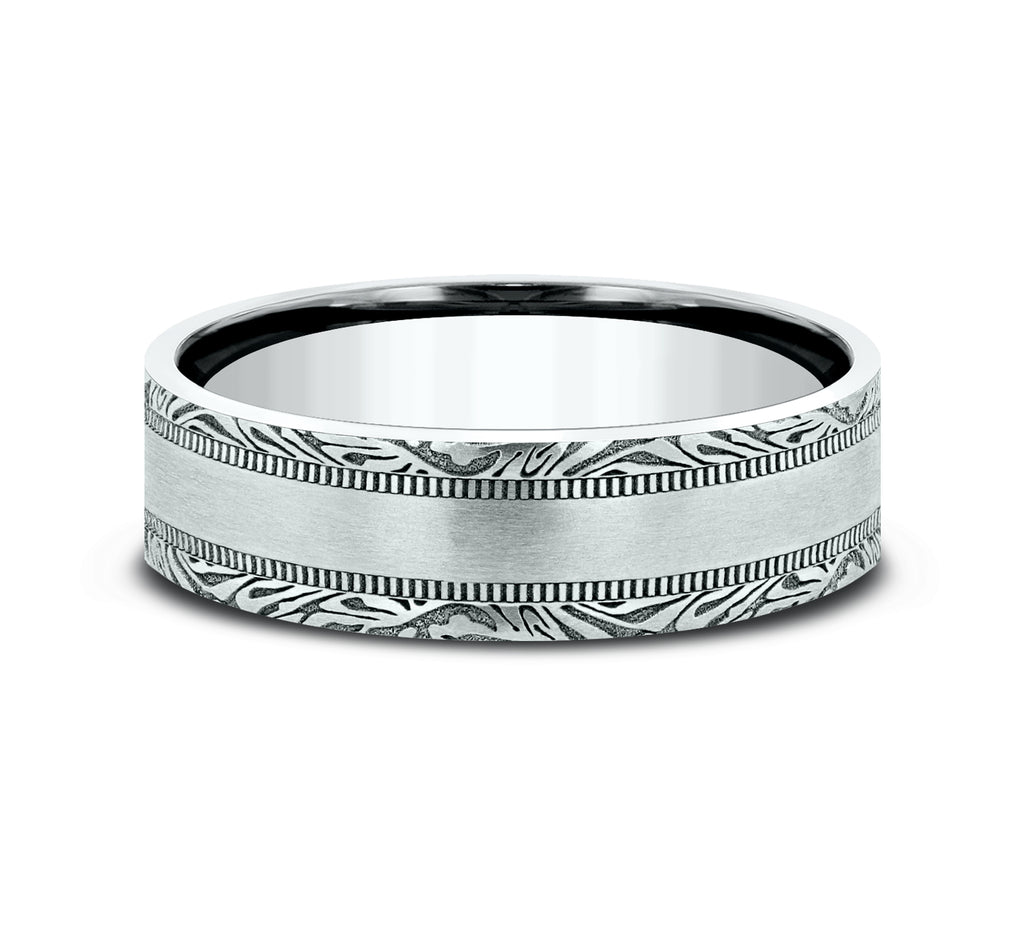 THE EDGE 7mm, Comfort fit, 14K White Gold, Satin center, mokume patterned edges