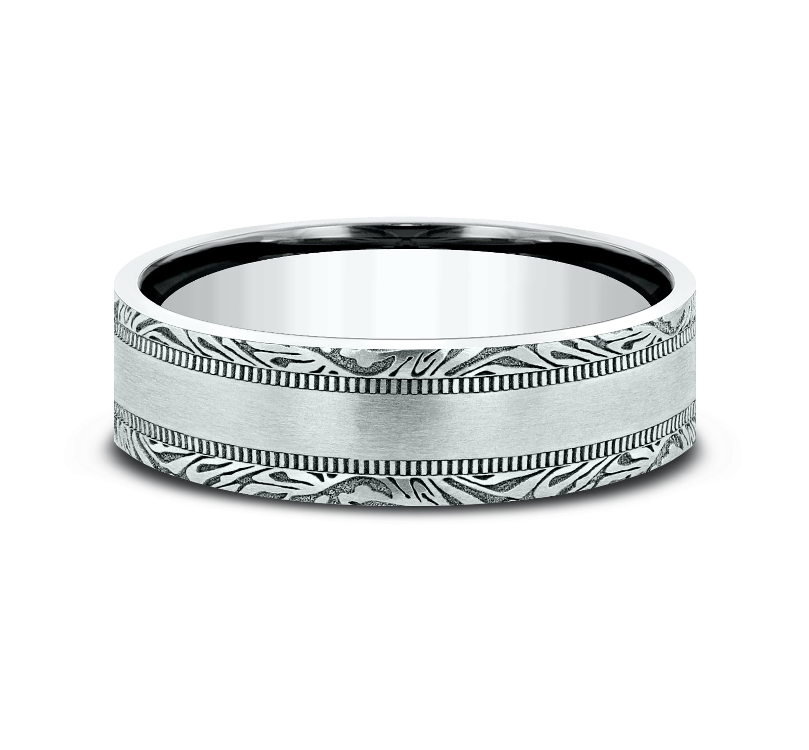 THE EDGE 7mm, Comfort fit, 14K White Gold, Satin center, mokume patterned edges