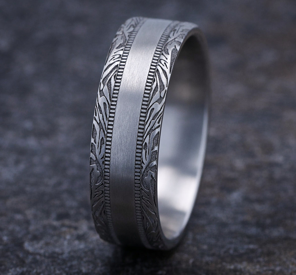 THE EDGE 7mm, Comfort fit, 14K White Gold, Satin center, mokume patterned edges