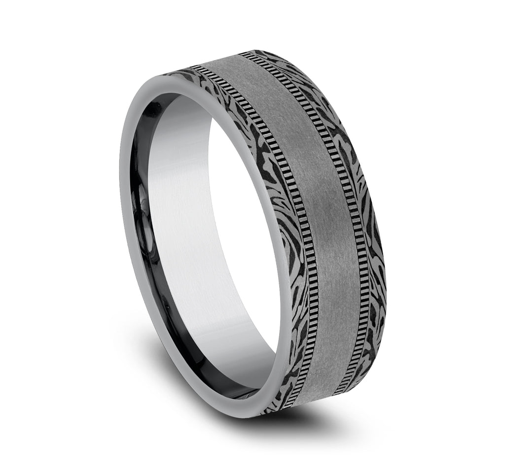THE EDGE 7mm, Comfort fit, Grey Tantalum, Satin center, mokume patterned edges