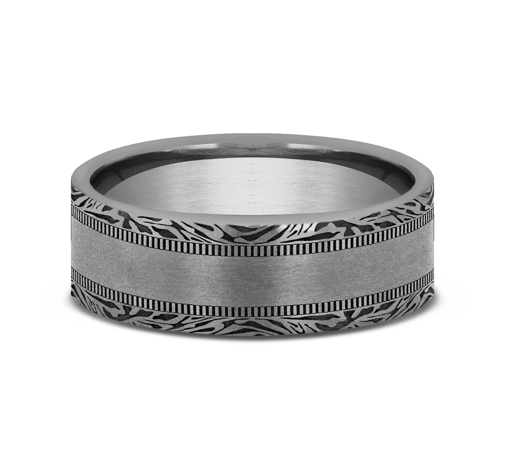 THE EDGE 7mm, Comfort fit, Grey Tantalum, Satin center, mokume patterned edges