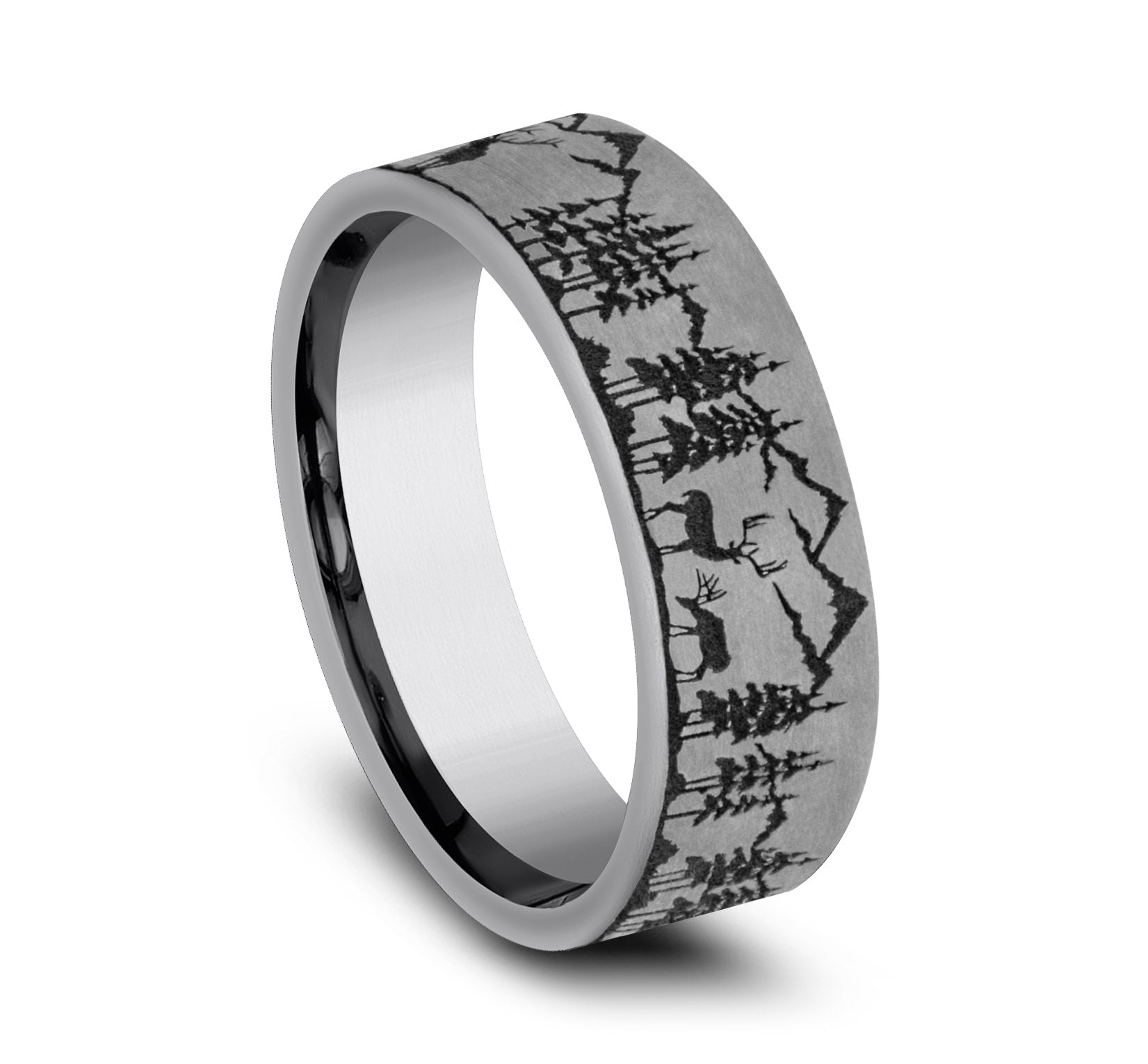 THE STAG 7mm, Comfort fit, Grey Tantalum, Nature scene with mountains, deer, and trees