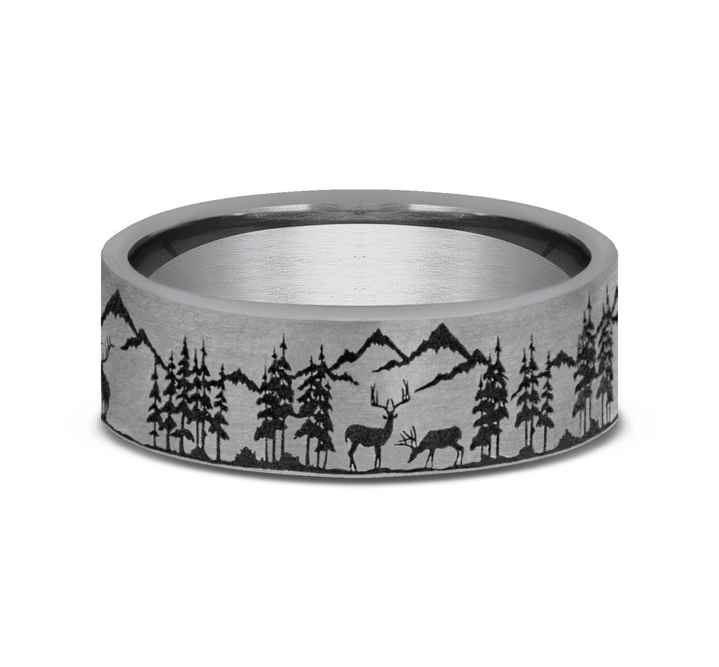 THE STAG 7mm, Comfort fit, Grey Tantalum, Nature scene with mountains, deer, and trees