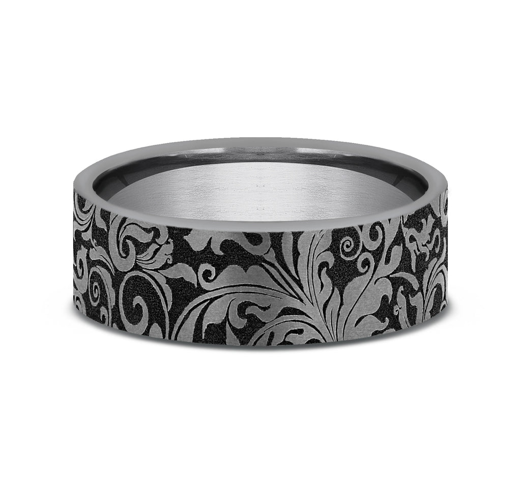 THE VINE 7mm, Comfort fit, Grey Tantalum, Leaf script pattern
