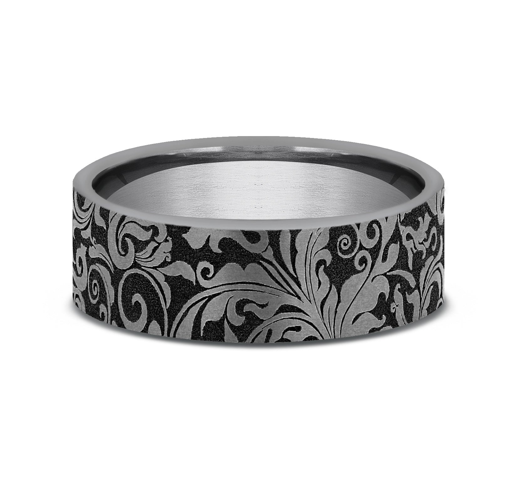 THE VINE 7mm, Comfort fit, Grey Tantalum, Leaf script pattern