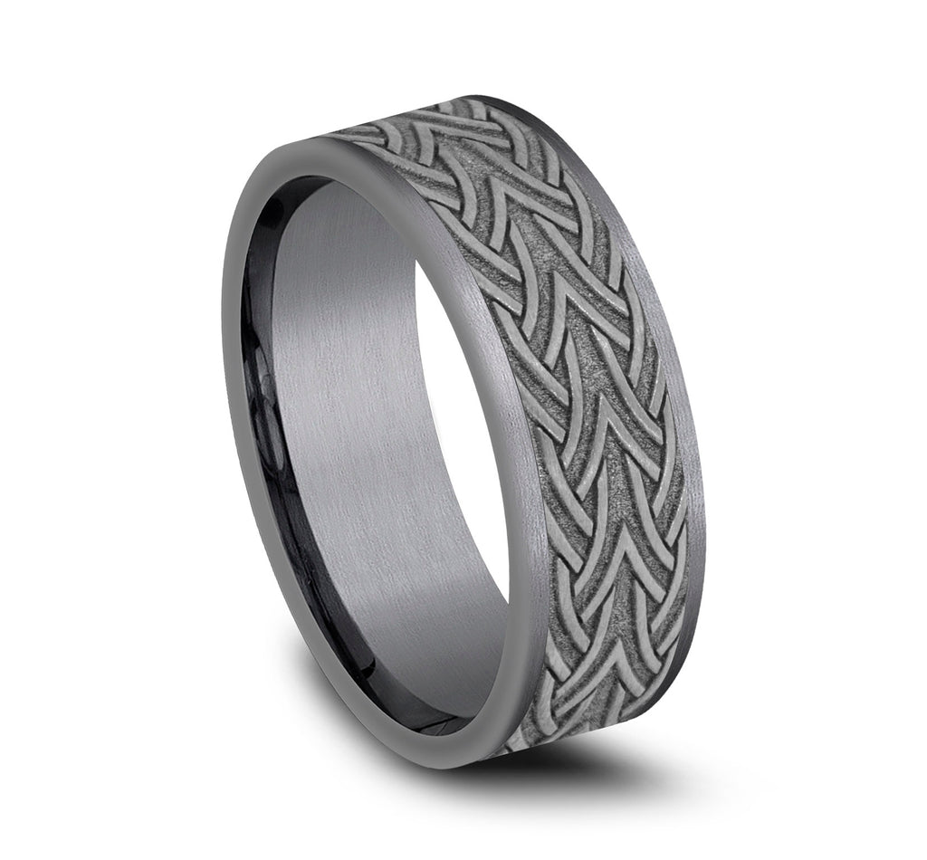 THE WATERFORD 7mm, Comfort fit, Grey Tantalum, Celtic arrow knot designed center, thin edges