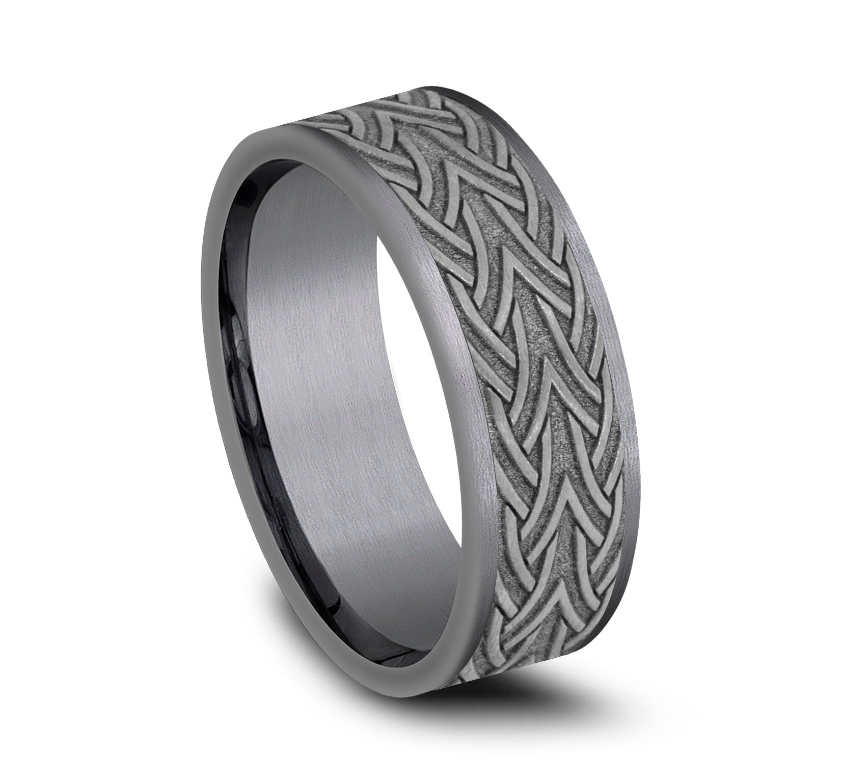 THE WATERFORD 7mm, Comfort fit, Grey Tantalum, Celtic arrow knot designed center, thin edges