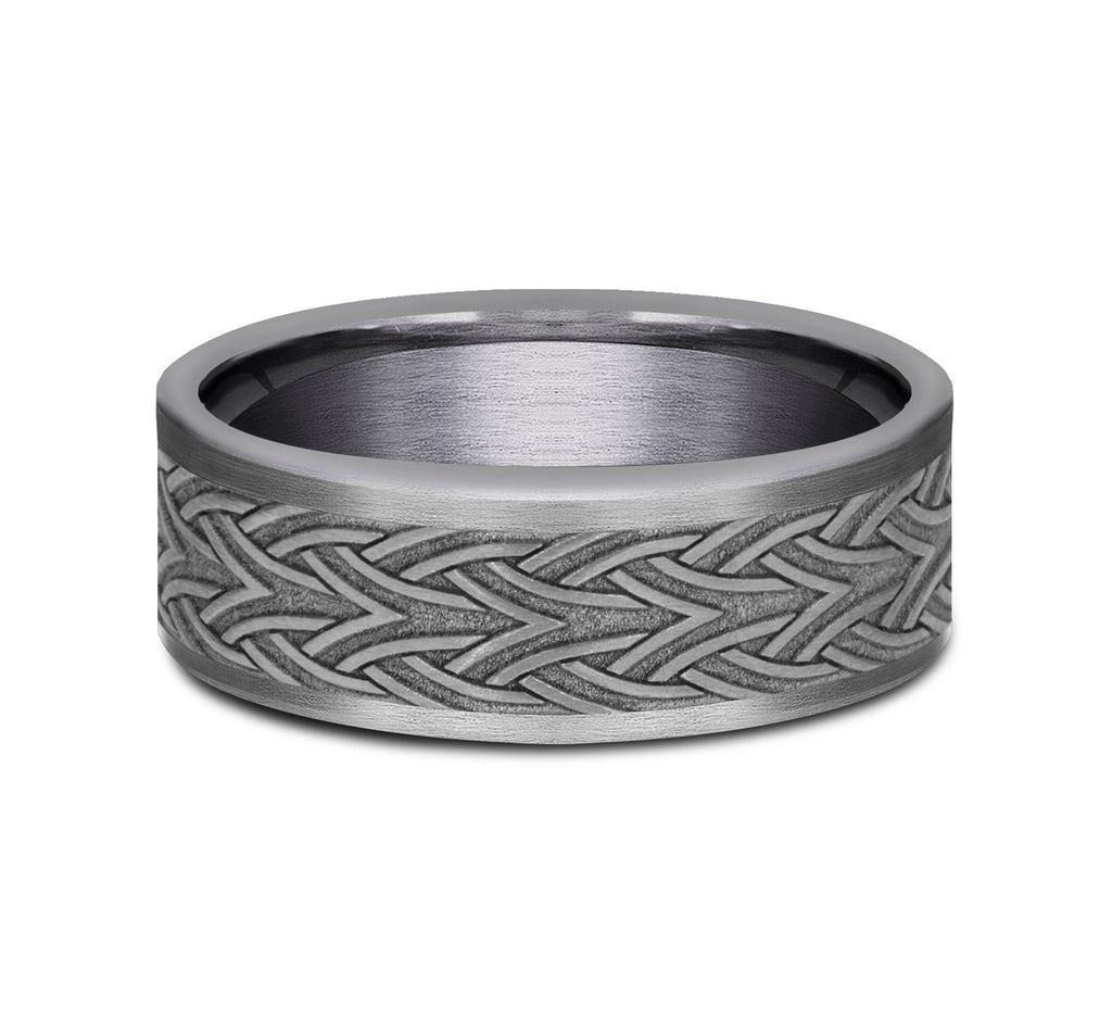 THE WATERFORD 7mm, Comfort fit, Grey Tantalum, Celtic arrow knot designed center, thin edges