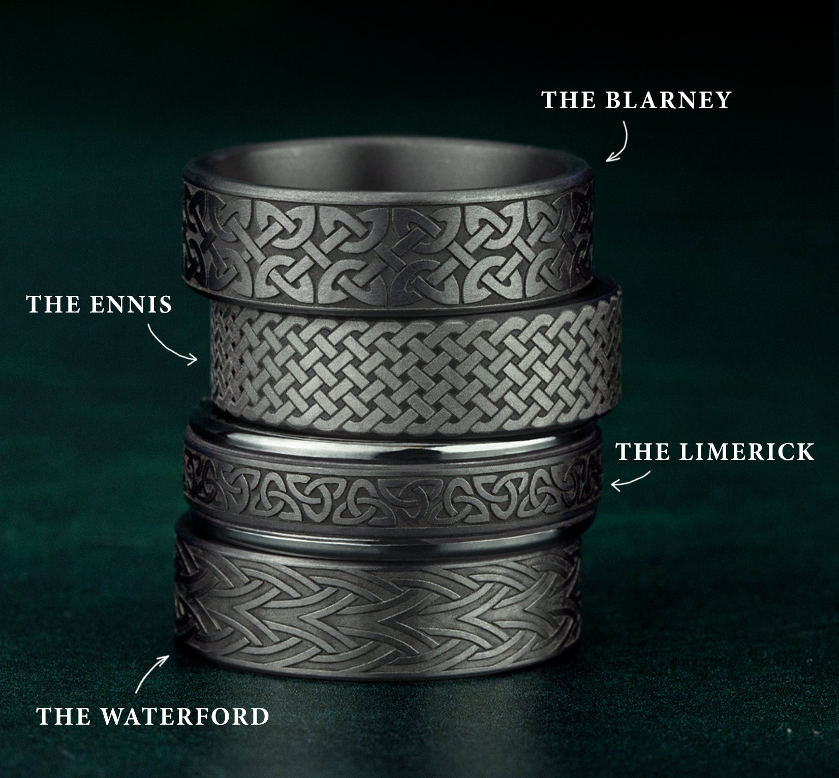 THE WATERFORD 7mm, Comfort fit, Grey Tantalum, Celtic arrow knot designed center, thin edges