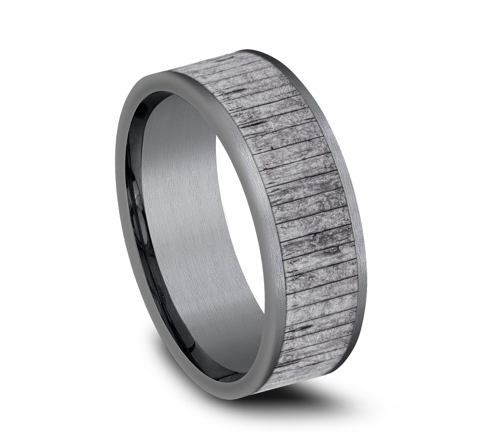 THE ALDER 8mm, Comfort fit, Grey Tantalum, Split wood patterned center, straight edges